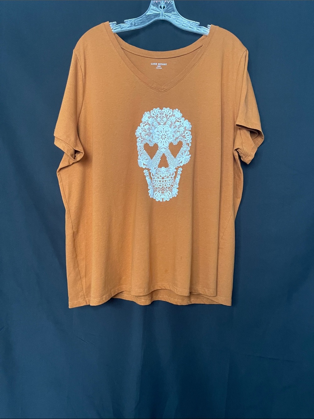 Lane Bryant Rust Orange Skull Lace Appliqué V-Neck Tee